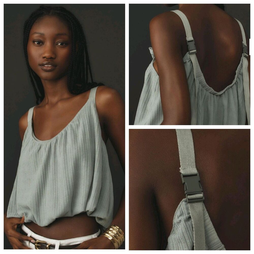 NEW By Anthropologie Sheer Ribbed Buckle Bubble Tank Moss Green Cropped Size L